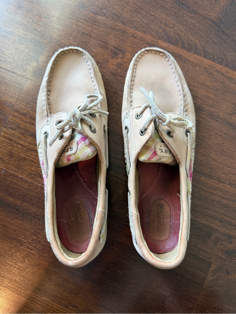 Sperry Beige Leather Boat Shoes with Pink Gingham Print, Size 8